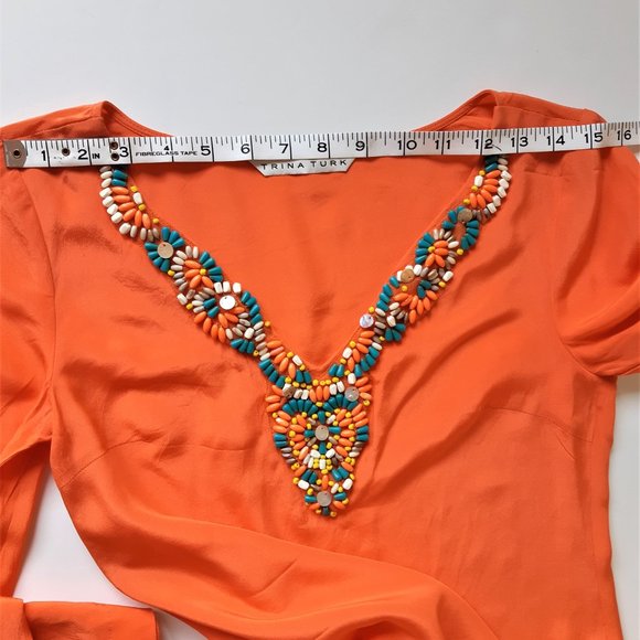 👚Trina Turk  100% Silk Orange Beaded V Neck Tunic Top Blouse - Picture 8 of 14